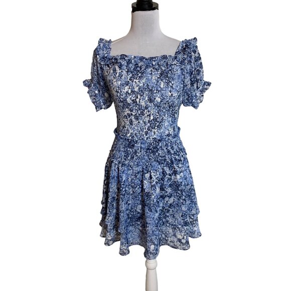 Express 2 Piece Set Off Shoulder Smocked Floral Dress Size M Blue White Crop Top - Picture 1 of 16